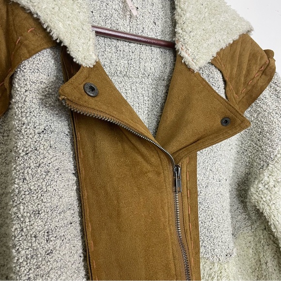 Free People Counting Sheep Sherpa Suede Moto Jacket Medium Large Oatmeal Camel - Picture 8 of 15